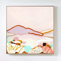 Jen Sievers Limited Edition fine art canvas print Joy Fields featuring vibrant abstract landscape with soft pastel colors and bold orange outlines in floating oak frame