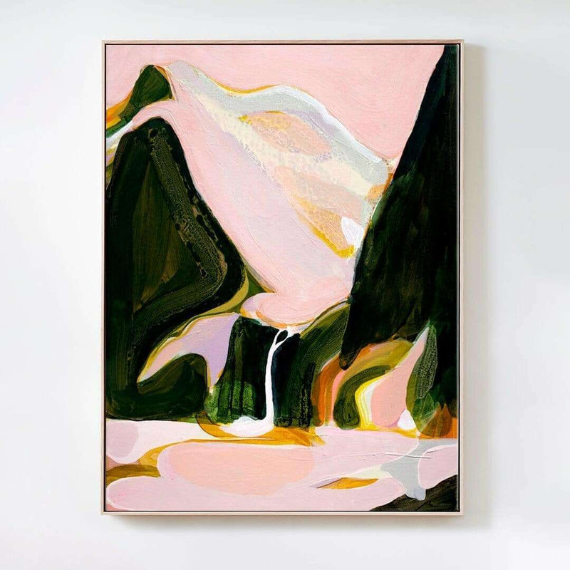 Jen Sievers Limited Edition abstract landscape fine art canvas print with vibrant pink, green, and white tones in a floating oak frame