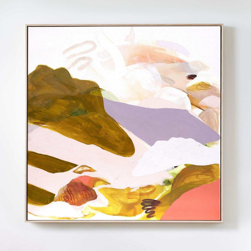 Jen Sievers Limited Edition fine art canvas print Mountain Dawn abstract landscape with earthy tones and soft pastel colors in floating oak frame