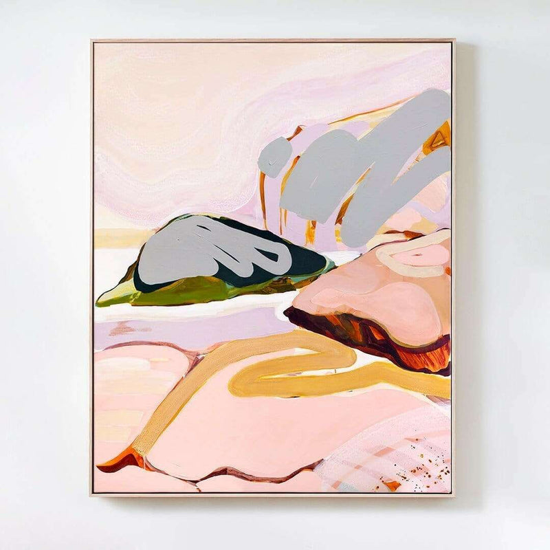 Jen Sievers limited edition fine art canvas print Abstract landscape with soft pinks, greys, and earth tones in floating oak frame