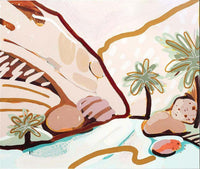 Jen Sievers Limited Edition fine art canvas print depicting a vibrant abstract desert landscape with palm trees and flowing water