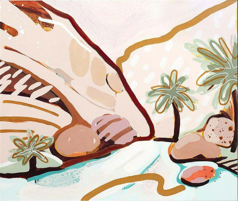 Jen Sievers Limited Edition fine art canvas print depicting a vibrant abstract desert landscape with palm trees and flowing water