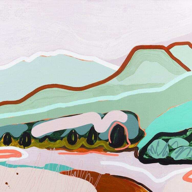 Abstract landscape painting with rolling green hills, trees, and soft pastel tones on a fine art canvas print by Jen Sievers limited edition