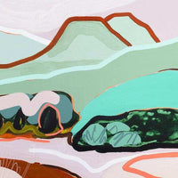 Abstract landscape painting with soft green hills and bold outlines in orange and turquoise, Jen Sievers limited edition fine art canvas print.