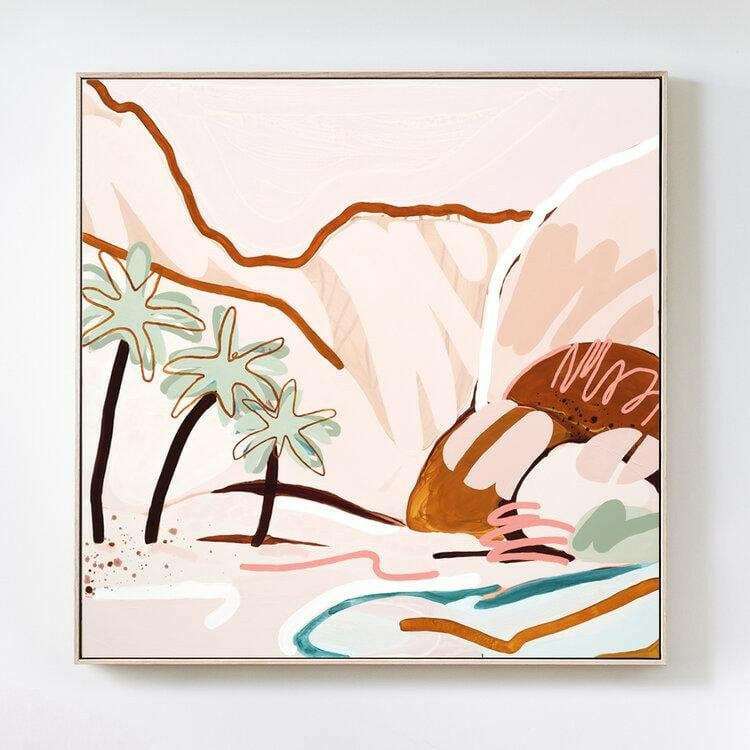 Jen Sievers limited edition abstract landscape canvas print with soft pastel tones and organic shapes framed in floating oak