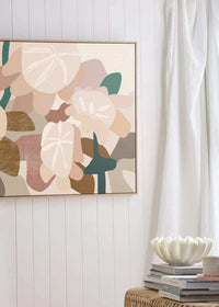 Kimmy Hogan Limited Edition fine art canvas print Dreamer with abstract floral design in muted tones, framed in floating oak style