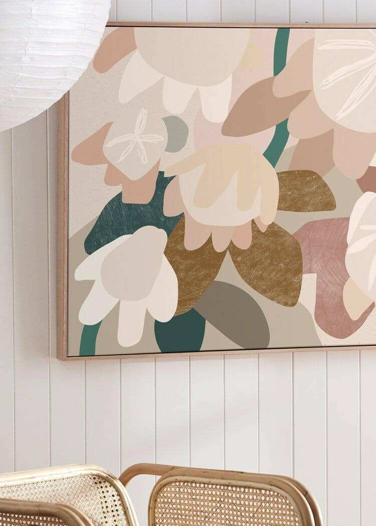 Kimmy Hogan Limited Edition abstract floral fine art canvas print with soft pastel colors and floating oak frame detail