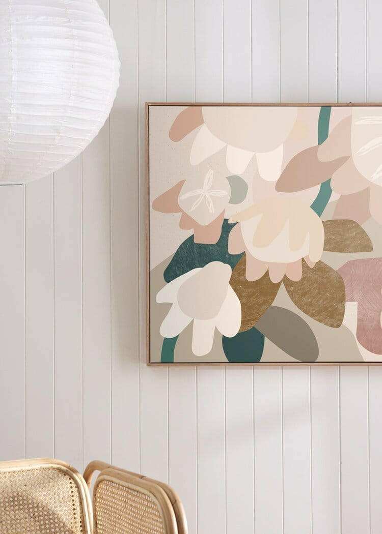 Kimmy Hogan Limited Edition Dreamer fine art canvas print with abstract floral design in muted tones, framed and displayed on a white paneled wall.