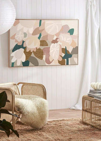 Kimmy Hogan Limited Edition fine art canvas print Dreamer with abstract floral design in soft neutral tones displayed in modern living room