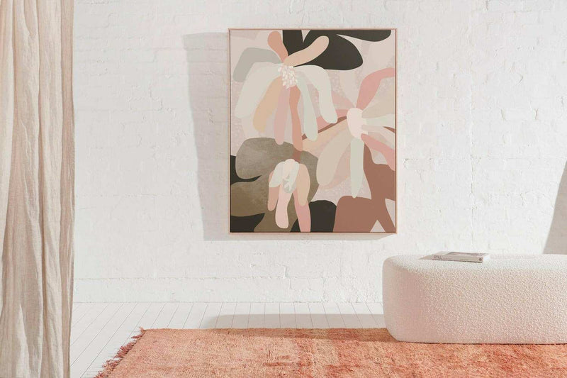 Limited edition fine art canvas print Petal II by Kimmy Hogan with muted floral abstract design in floating oak frame