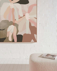 Limited Edition Fine Art Canvas Print Petal II by Kimmy Hogan with vibrant floral design in soft pastel tones, framed in floating oak.