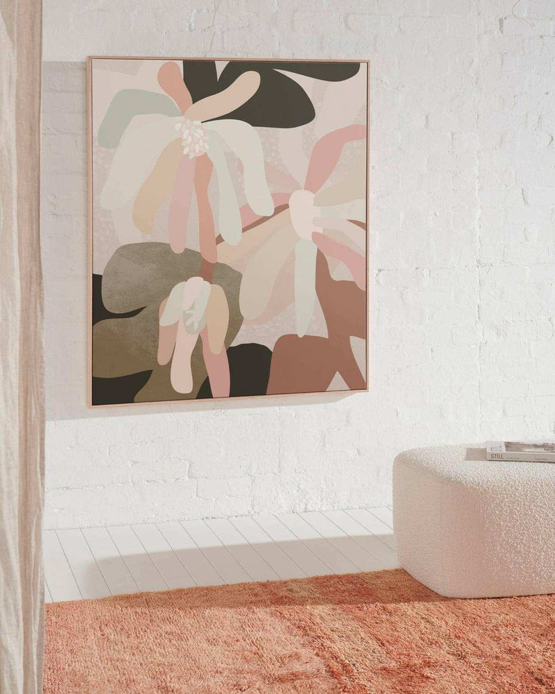 Limited edition Kimmy Hogan fine art canvas print Petal II with abstract floral design in soft pastel tones, framed in floating oak.