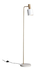 Mahala Floor Lamp with satin gold stand, white marble base, and white cylindrical shade designed for luxe interiors