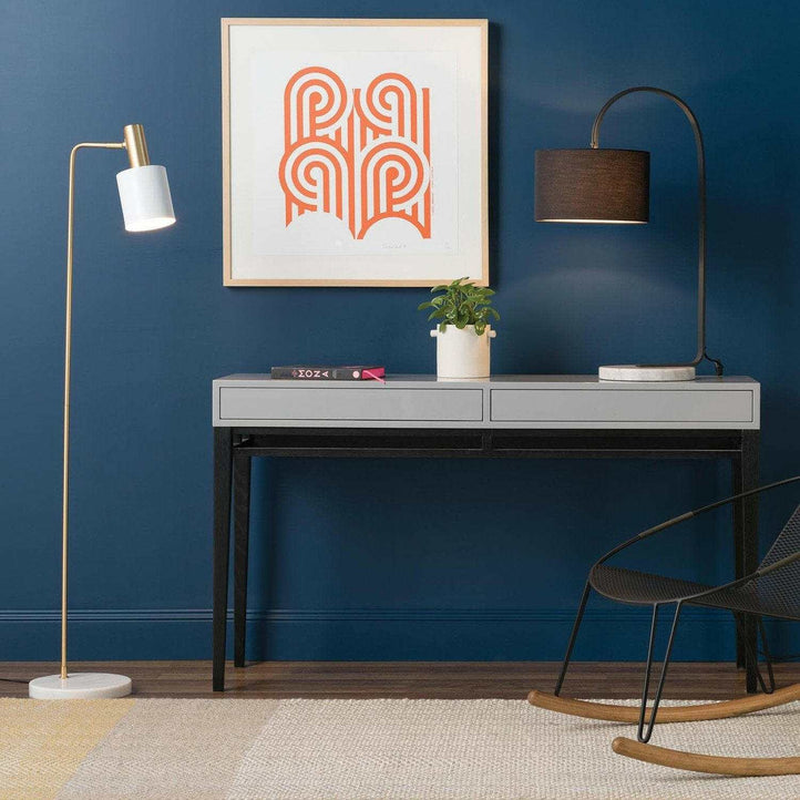 Mahala Floor Lamp with satin gold finish, white marble base, and white shade in a modern living room setting