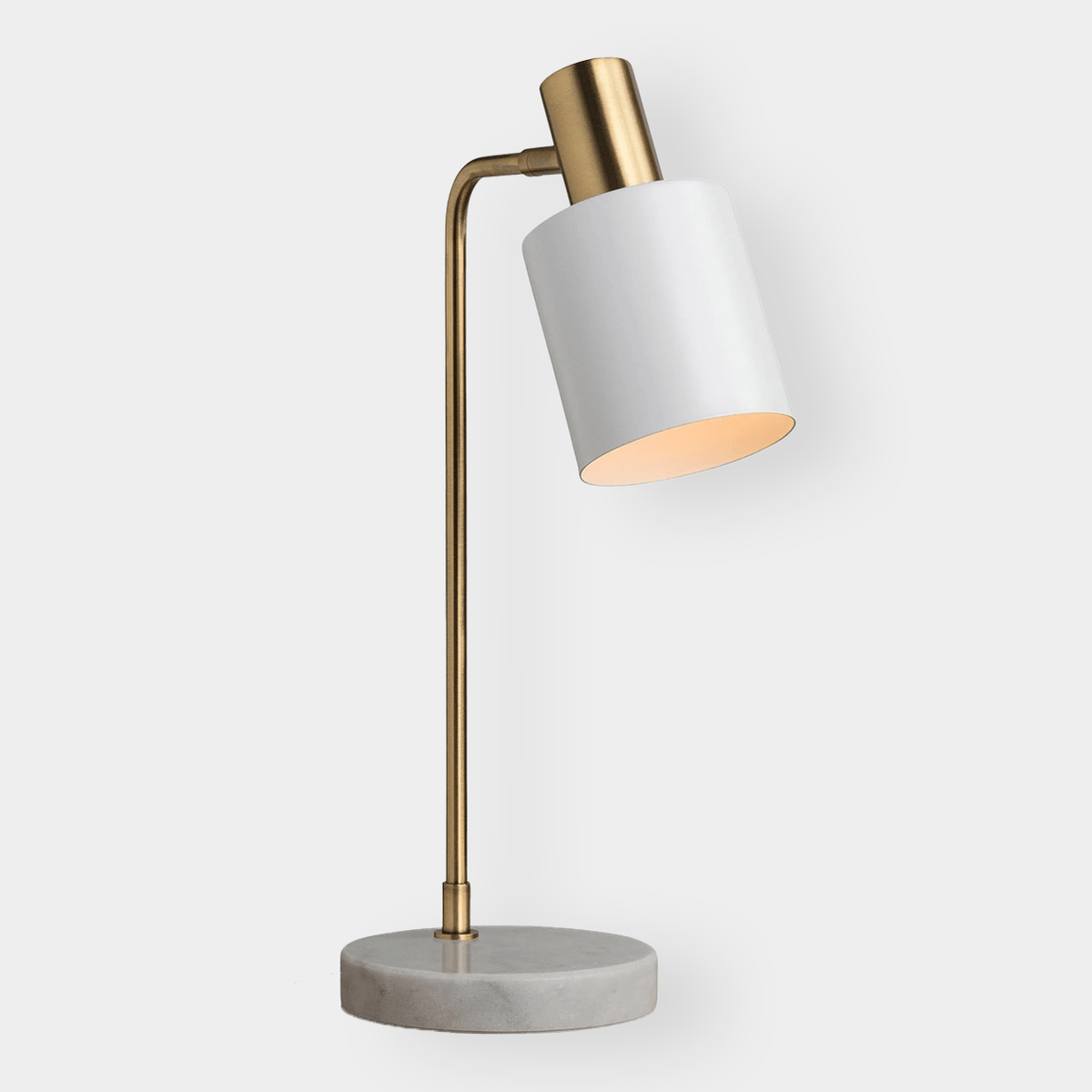 Mahala Table Lamp with satin gold arm, satin white shade, and white marble base for elegant modern lighting.