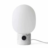 Menu JWDA Marble Lamp with Carrara marble base, white glass shade, and black metal knob switch