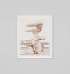 Minimalist Middle of Nowhere aquatic diving platform print framed in white with glass, modern wall art from Melbourne