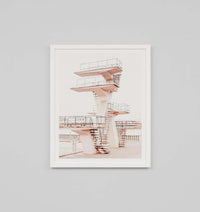 Minimalist Middle of Nowhere aquatic diving platform print framed in white with glass, modern wall art from Melbourne