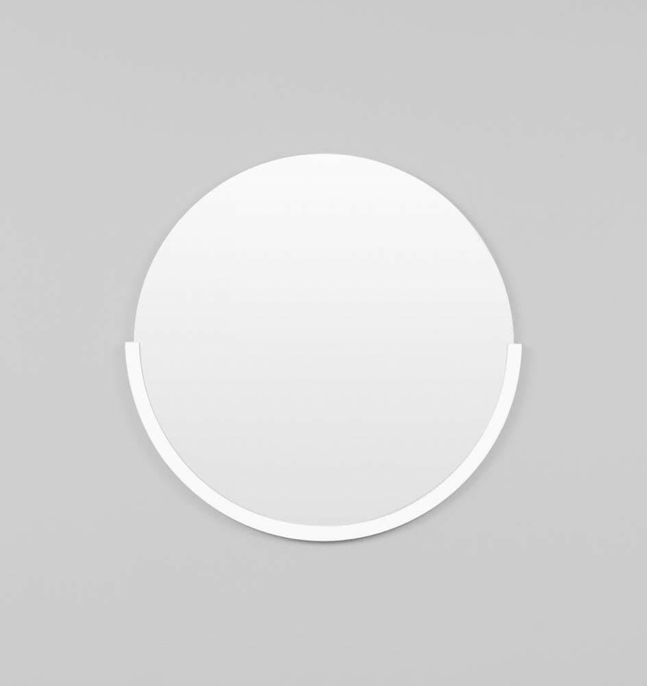 Middle of Nowhere Dawn round bright white minimalist wall mirror with distinctive half-circle frame design