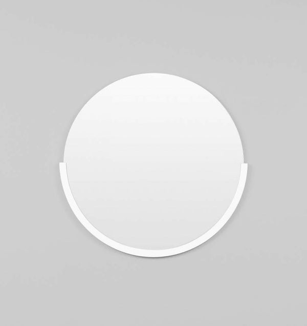 Middle of Nowhere Dawn round bright white minimalist wall mirror with distinctive half-circle frame design