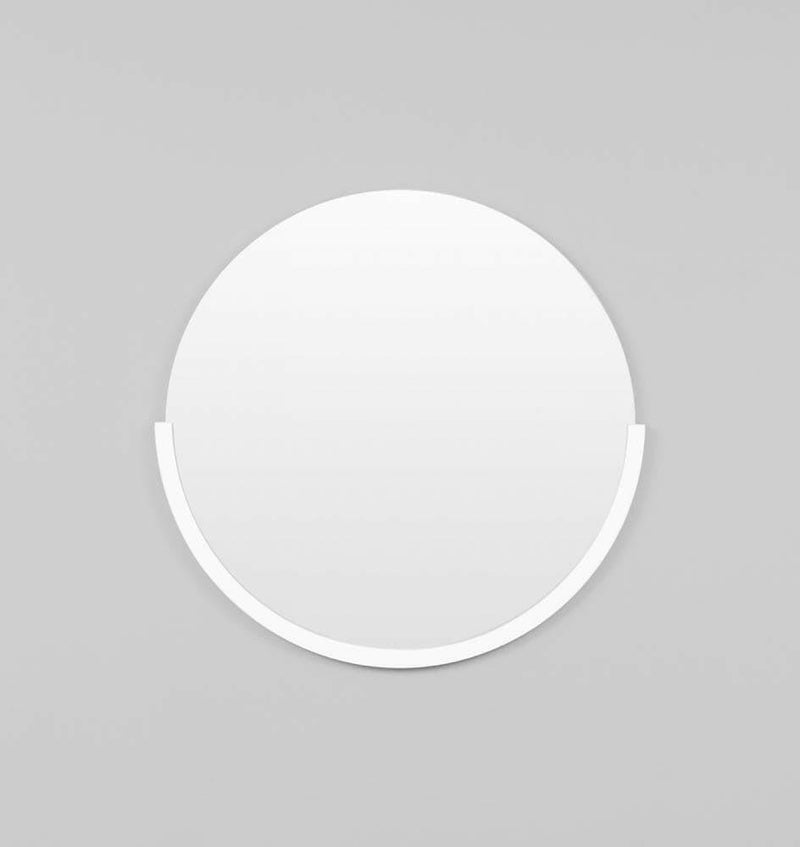 Middle of Nowhere Dawn round bright white minimalist wall mirror with distinctive half-circle frame design