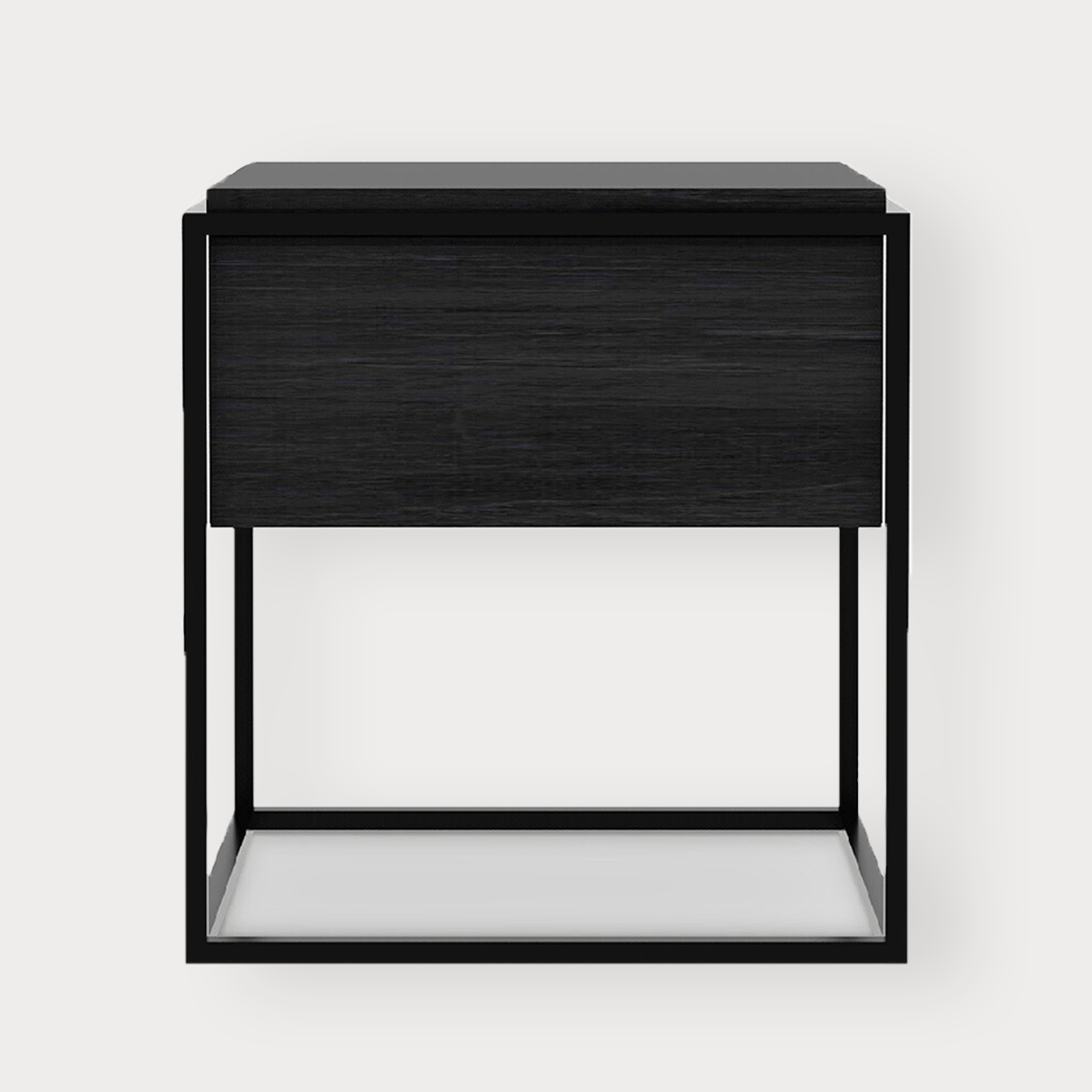 Ethnicraft Oak Monolit bedside table in black with one drawer and metal frame