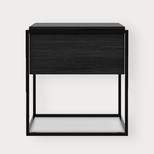 Ethnicraft Oak Monolit bedside table in black with one drawer and metal frame