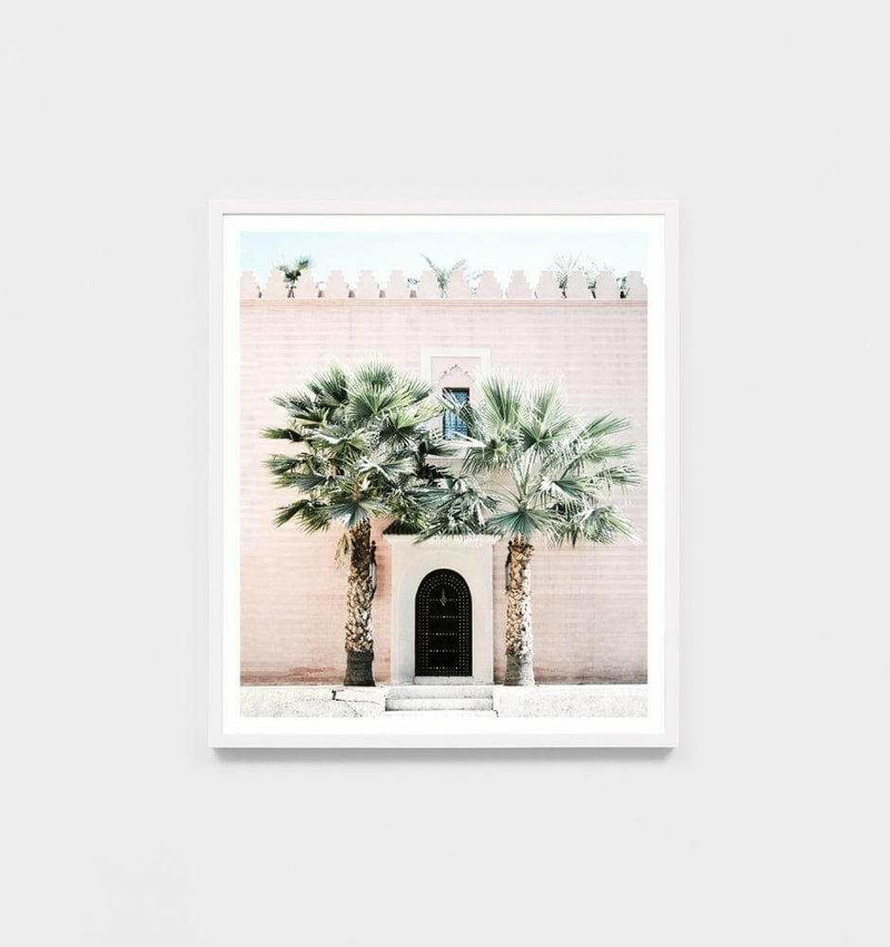 Middle of Nowhere Moroccan entrance framed print with palm trees in white frame