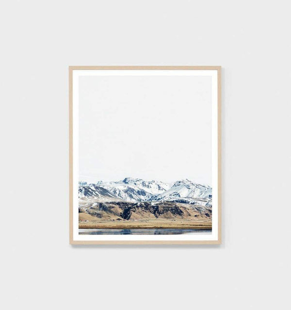 Framed photographic print of Icelandic glacier and small town titled Middle of Nowhere Mountain Edge Print