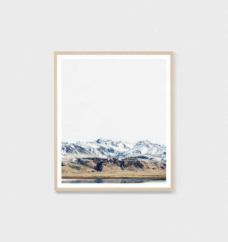 Framed photographic print of Icelandic glacier and small town titled Middle of Nowhere Mountain Edge Print