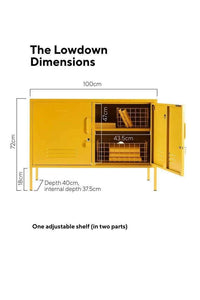 Mustard Made Locker The Lowdown in yellow with adjustable shelf and multiple compartments, measuring 72cm high, 100cm wide, and 40cm deep