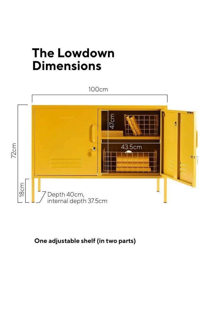 Mustard Made Locker The Lowdown in yellow with adjustable shelf and multiple compartments, measuring 72cm high, 100cm wide, and 40cm deep