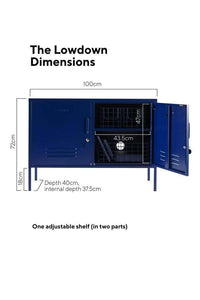 Mustard Made Locker The Lowdown Navy blue metal storage cabinet with adjustable shelf, hooks, cable hole, and locking door.