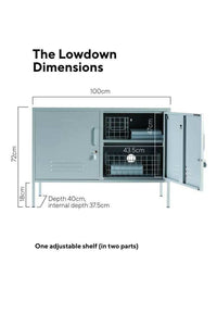Mustard Made Locker The Lowdown Ocean metal storage cabinet with adjustable shelf and hooks, 100cm wide, 72cm high.