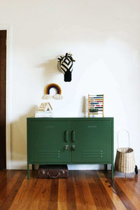 Green Mustard Made Locker Lowdown Olive console with handles and locks in modern room setting