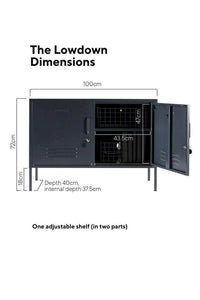Mustard Made Locker The Lowdown Slate with adjustable shelf, hooks, cable hole, locks, and air vents, measuring 72cm high, 100cm wide, and 40cm deep.