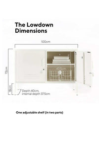 Mustard Made Locker The Lowdown Chalk with adjustable shelf, lock, cable hole, and wall safety screw holes in creamy white finish.