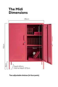 Mustard Made Locker The Midi Berry with two adjustable shelves, lockable doors, and ventilation vents, measuring 110cm height, 85cm width, and 40cm depth.