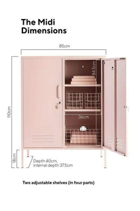 Mustard Made Locker The Midi Blush with adjustable shelves, hooks, cable hole, locks, and air vents in pink, 110cm tall and 85cm wide.