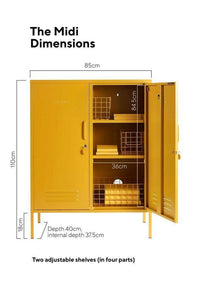 Mustard Made Locker The Midi in mustard yellow with two adjustable shelves, hooks, cable hole, and ventilated door design.