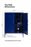 Mustard Made Locker Midi Navy with two adjustable shelves, hooks, locks, and ventilation, measuring 110cm high, 85cm wide, and 40cm deep.