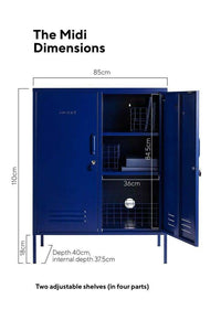 Mustard Made Locker Midi Navy with two adjustable shelves, hooks, locks, and ventilation, measuring 110cm high, 85cm wide, and 40cm deep.