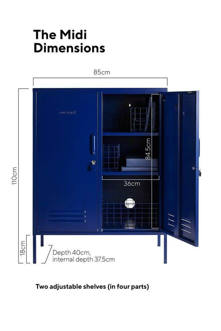 Mustard Made Locker Midi Navy with two adjustable shelves, hooks, locks, and ventilation, measuring 110cm high, 85cm wide, and 40cm deep.