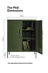 Mustard Made Locker The Midi Olive with two adjustable shelves, hooks, cable hole, locks, and air vents, measuring 110cm height, 85cm width, and 40cm depth