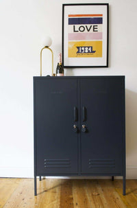 Mustard Made Locker The Midi Slate black metal storage cabinet with double doors and key locks in modern home setting