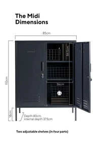 Mustard Made Locker The Midi Slate with two adjustable shelves, hooks, cable hole, locks, and air vents in dark slate color