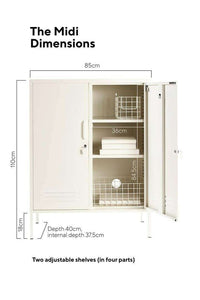 Mustard Made Locker The Midi Chalk with adjustable shelves, hooks, cable hole, and locks in creamy white finish