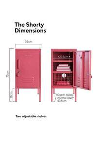 Red Mustard Made Locker The Shorty Berry with two adjustable shelves, lock, handle, air vents, and internal hook, dimensions 72cm height, 35cm width, 46cm depth.