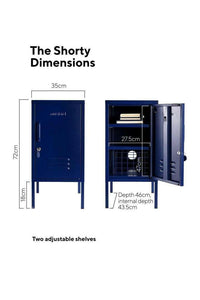 Mustard Made Locker The Shorty Navy with adjustable shelves, lock, handle, and air vents, compact storage solution.
