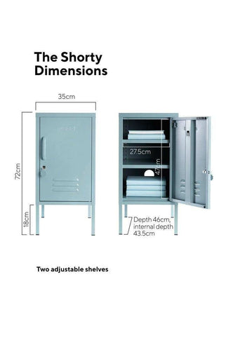 Mustard Made Locker The Shorty Ocean with two adjustable shelves, lock, handle, and ventilation, measuring 72cm height, 35cm width, and 46cm depth.